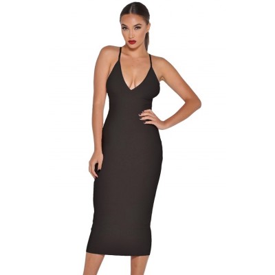 'Jhene' zwarte midi bandage jurk diepe v-neck